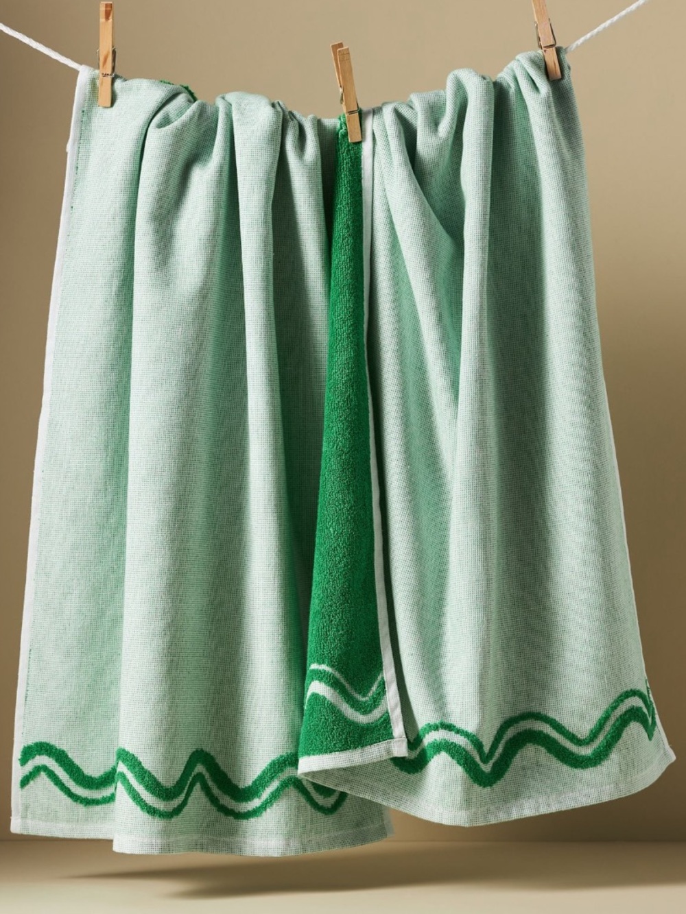 Anthropologie Madeline scallop design Mint and Kelly Green Cotton Kitchen Towels